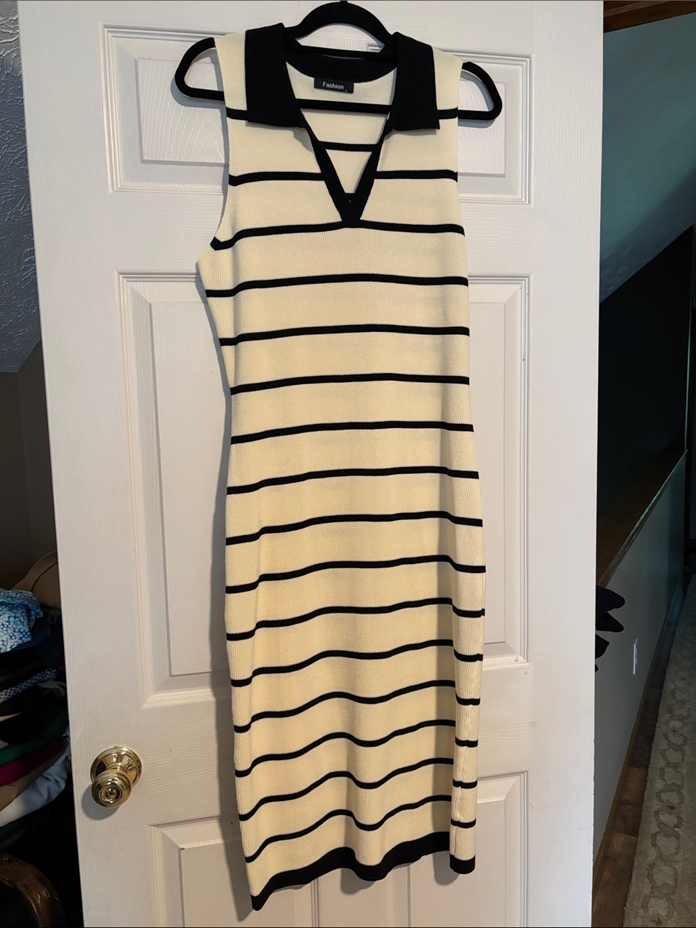 Sleeveless Polo Midi Dress in Cream with Black Stripes